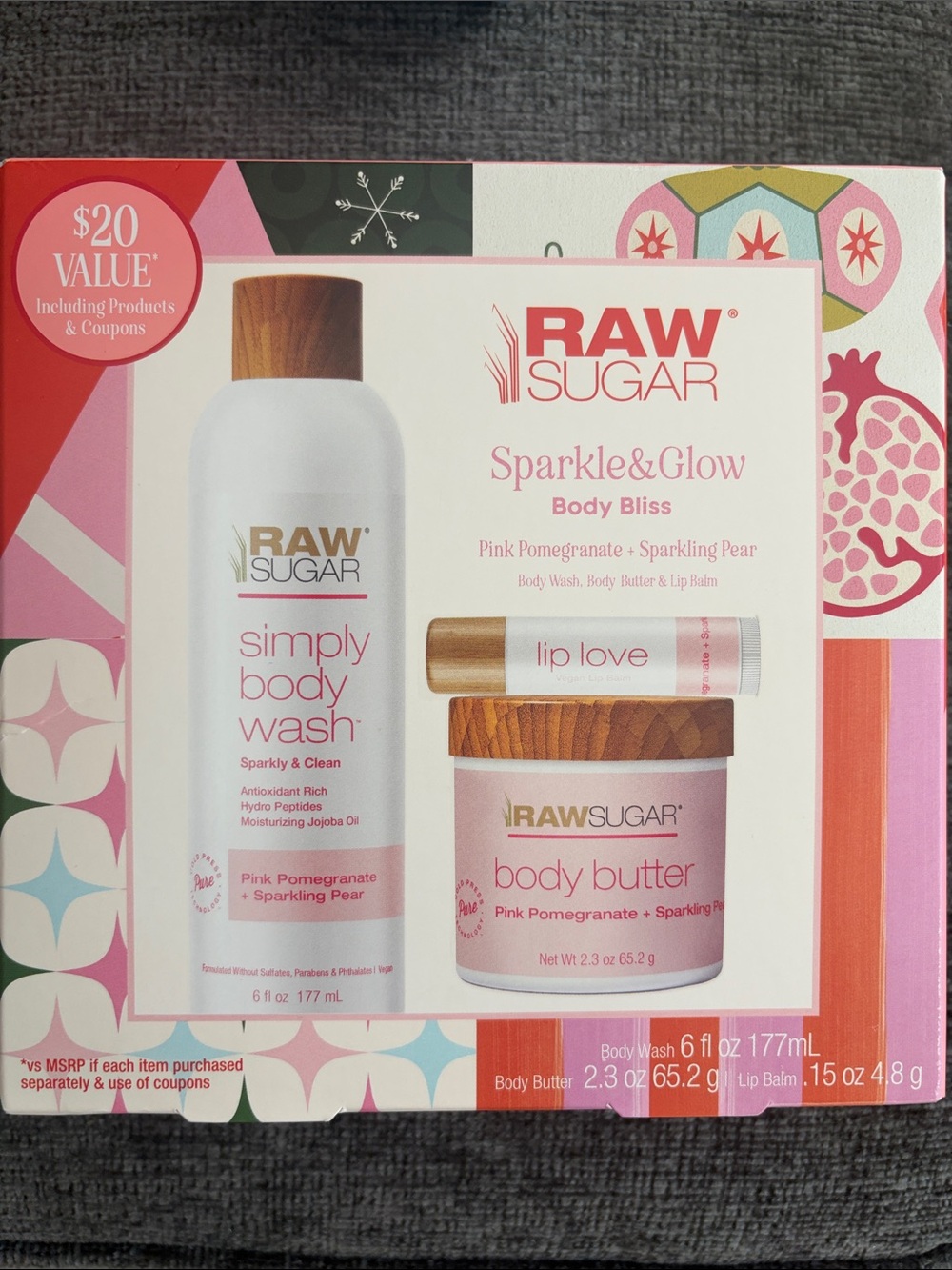 Raw Sugar Sparkle & Glow Body Bliss 3pc Set- Pink Pomegranate & Sparkling Pear